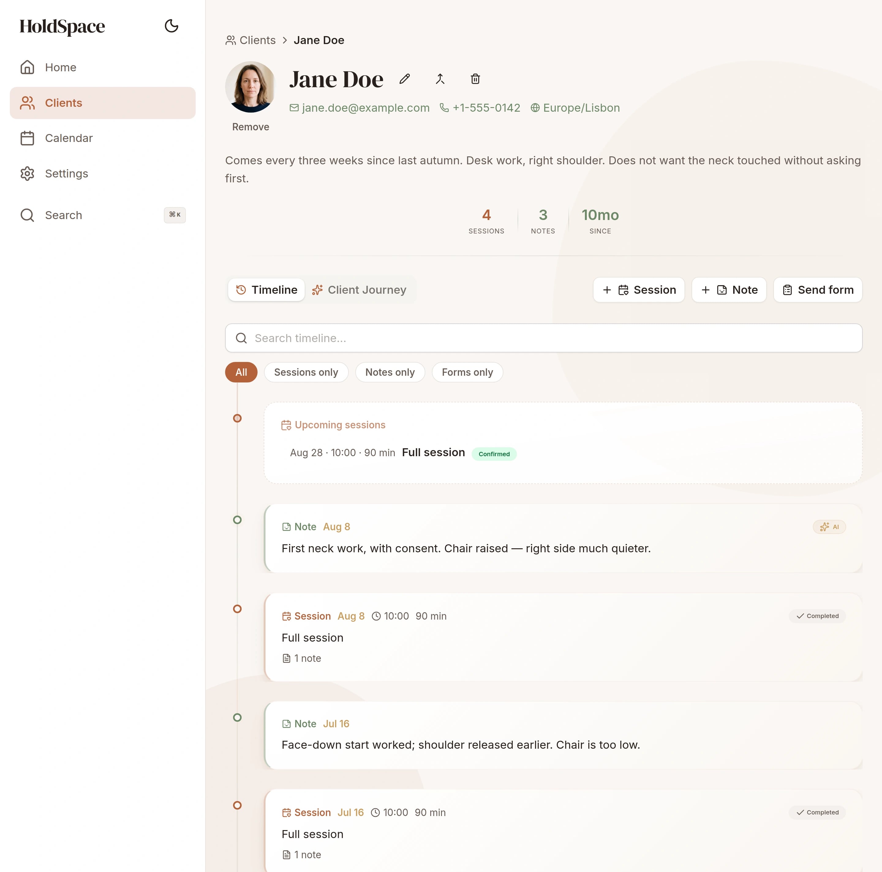 A client timeline with sessions, notes and forms in one list.